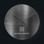 Horloge Ronde Élégant Monogramme Noir brossé Métallique<br><div class="desc">Élégant Monogramme Noir brossé Personnalisé Horloge ronde</div>