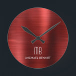 Horloge Ronde Élégant Monogramme Rouge brossé Métallique<br><div class="desc">Élégant Monogramme Rouge Brossé Personnalisé Horloge Ronde.</div>