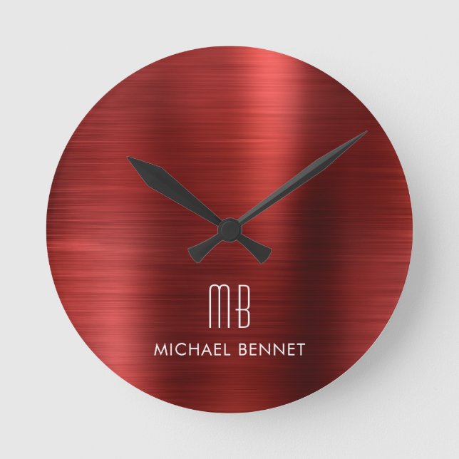 Horloge Ronde Élégant Monogramme Rouge brossé Métallique (Recto)