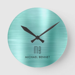 Horloge Ronde Élégant Monogramme Turquoise Vert Brossé Métalliqu