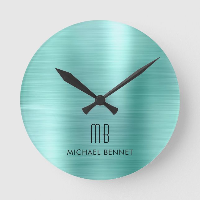 Horloge Ronde Élégant Monogramme Turquoise Vert Brossé Métalliqu (Recto)
