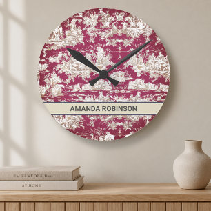 Horloge Ronde Élégant monogramme vintage rouge lac toile de jouy