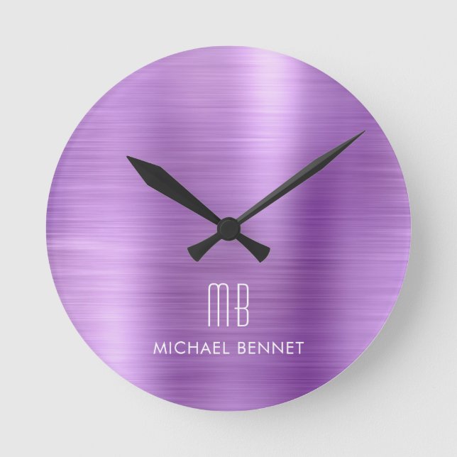 Horloge Ronde Élégant Monogramme violet brossé métal (Recto)