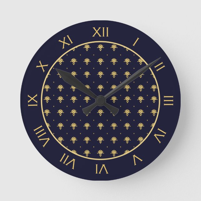 Horloge Ronde Elegant Navy Blue et Gold Damask (Recto)