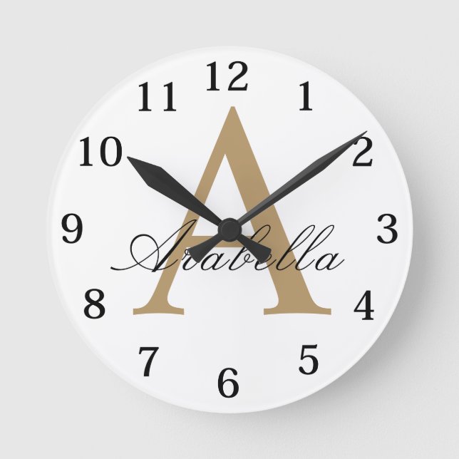 Horloge Ronde Elegant Noir Or Personnalisé Monogramme Nom  (Recto)
