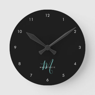 Horloge Ronde Élégant Noir Turquoise Script Monogramme moderne