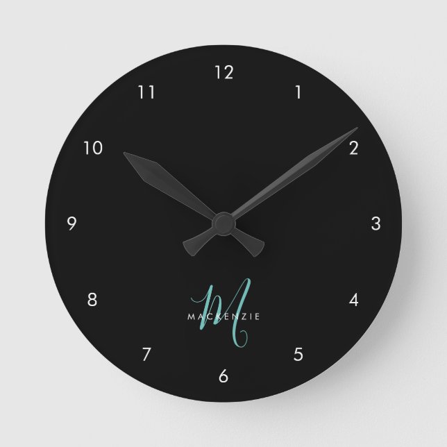 Horloge Ronde Élégant Noir Turquoise Script Monogramme moderne (Recto)
