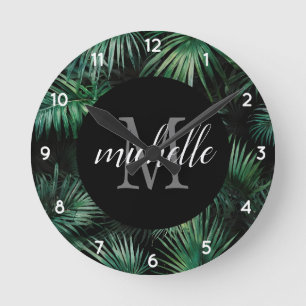 Horloge Ronde Élégant noir vert Tropical Palm Feuilles Monogramm