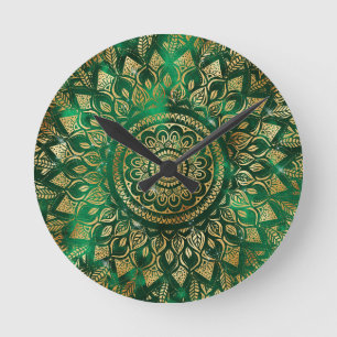Horloge Ronde Élégant or vert Mandala Floral