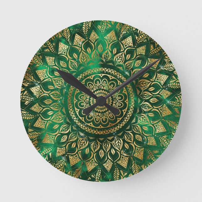 Horloge Ronde Élégant or vert Mandala Floral (Recto)