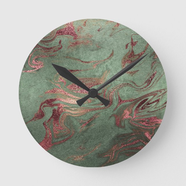 Horloge Ronde Elégant rose en cuivre moderne or marbre vert (Recto)