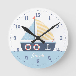 Horloge Ronde Elegant Sail boat Nautical Theme For Boys