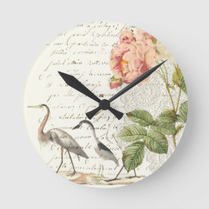 Horloge Ronde Elégant Shabby Peonies et Oiseaux Vintages