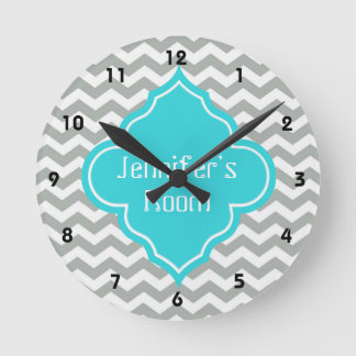 Horloge Ronde Elegant, trendy, moderne, grey, aqua blue chevron