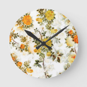 Horloge Ronde Elégant Vintage Shabby Chic Yellows Golds Florals