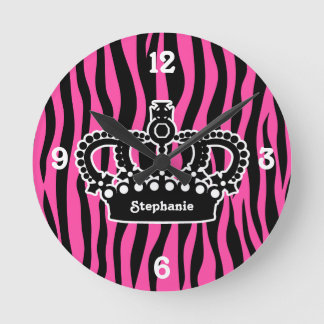 Horloge Ronde Elegant white crown on hot pink and black zebra