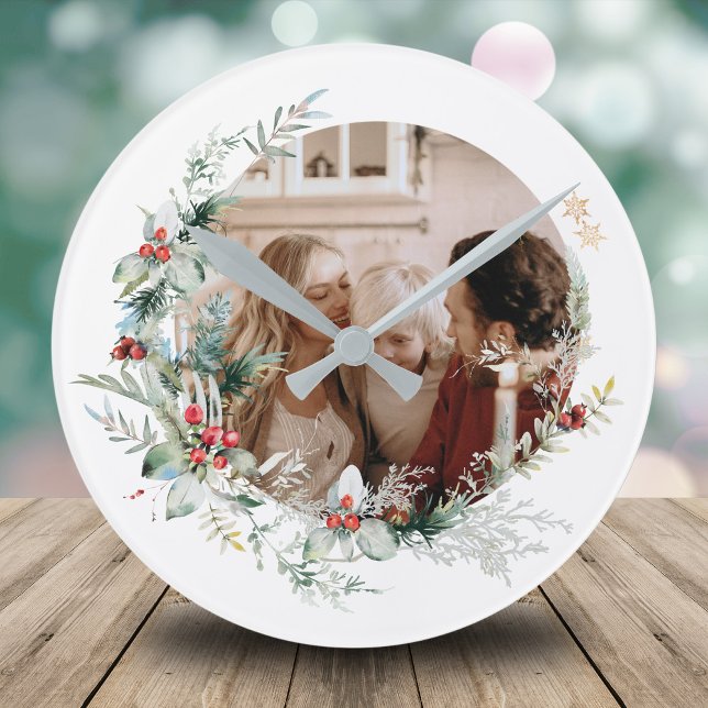 Horloge Ronde Elégante aquarelle photo de couronne de Noël Round (Créateur téléchargé)
