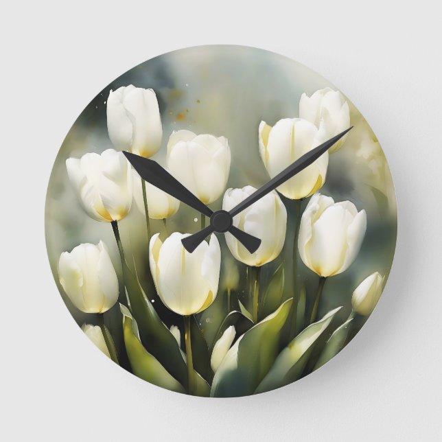 Horloge Ronde Élégante bande de tulipes blanches dans un jardin  (Recto)