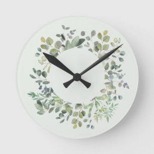 Horloge Ronde Élégante branche Eucalyptus Botanique Dusty Green