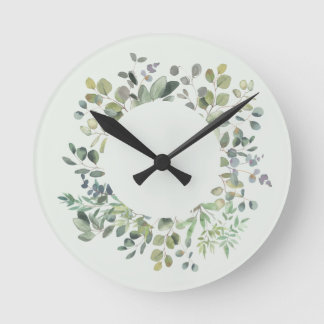 Horloge Ronde Élégante branche Eucalyptus Botanique Dusty Green