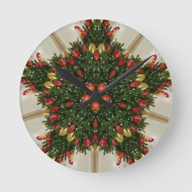Horloge Ronde Élégante couronne de Noël Rouge Vert Kaleidoscopiq (Recto)