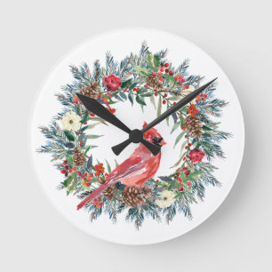 Horloge Ronde Élégante couronne de pin rouge Cardinal Noël