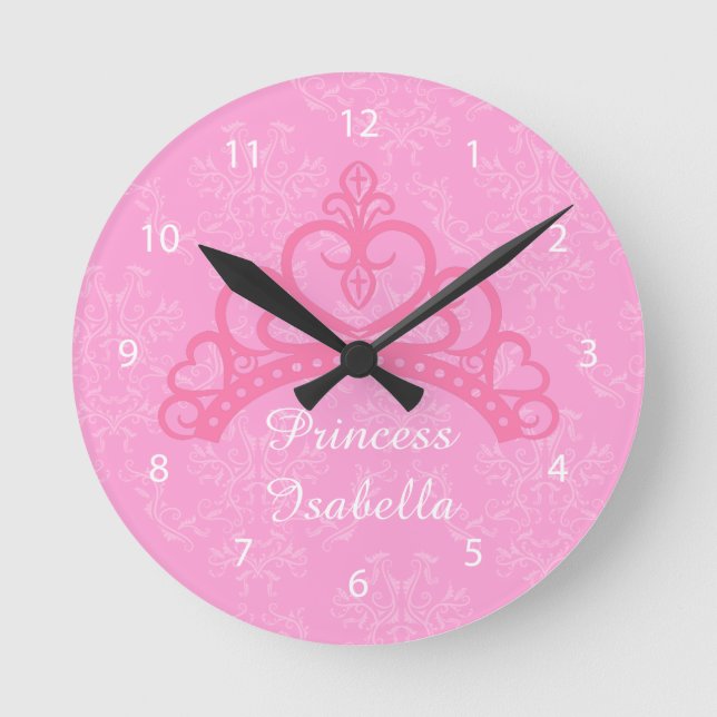 Horloge Ronde Élégante Damas Rose, Princesse Tiara, Pour Filles (Recto)