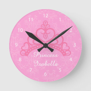 Horloge Ronde Élégante Damas Rose, Princesse Tiara, Pour Filles