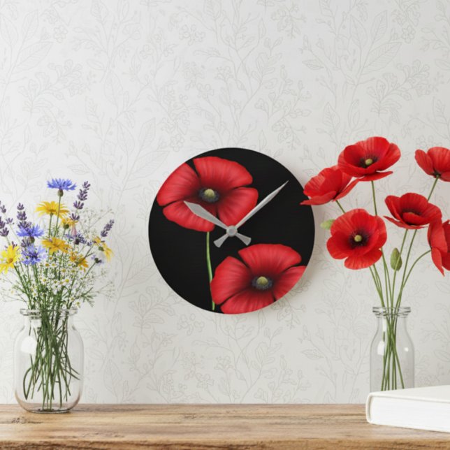 Horloge Ronde Élégante fleur de pavot rouge floral sur le noir (Pretty poppies make a pretty poppy clock. Pop it on your wall today!)