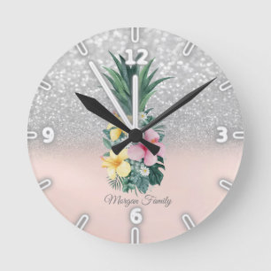 Horloge Ronde Elégante Fleurs d'ananas Parties scintillant d'arg
