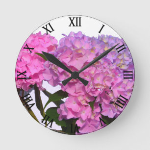 Horloge Ronde Elégante florales violettes roses hydrangées