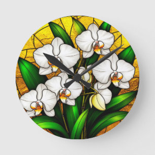 Horloge Ronde Élégante Orchidée blanche en verre teint