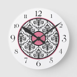 Horloge ronde élégante rose noir et blanc Damas