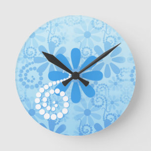 Horloge Ronde Elégante Turquoise Bleu Floral Retro Fleurs margue
