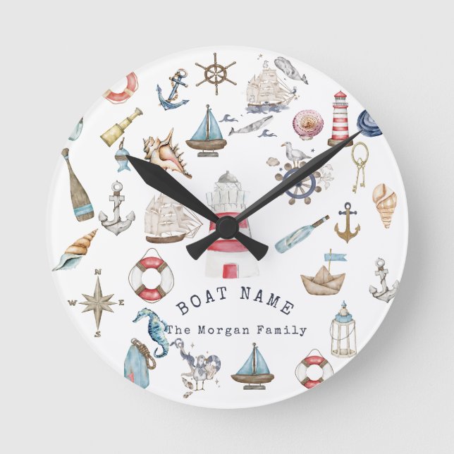 Horloge Ronde Éléments nautiques à l'aquarelle Marin (Recto)