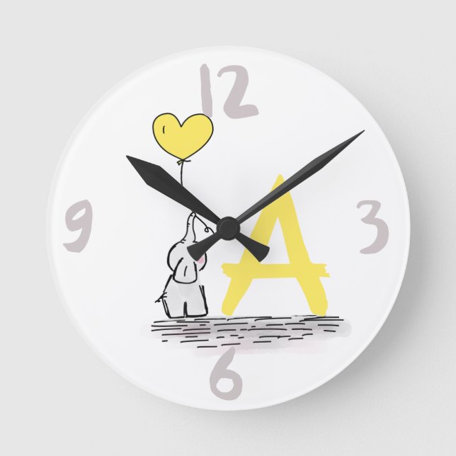 Horloge Ronde Elephant And Yellow Heart Balloon Monogram Nursery (Recto)