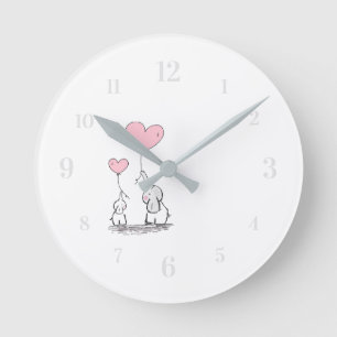 Horloge Ronde Éléphant Bébé et Maman ou Papa Ballons Cœur Rose