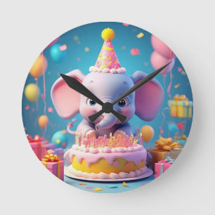Horloge Ronde Éléphant de dessin animé adorable célébrant un ann
