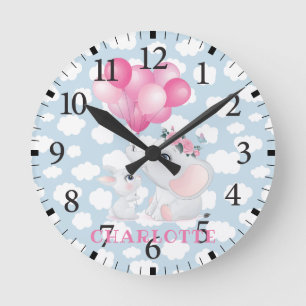 Horloge Ronde Éléphant Féminin Et Lapin avec Fleurs et Ballon