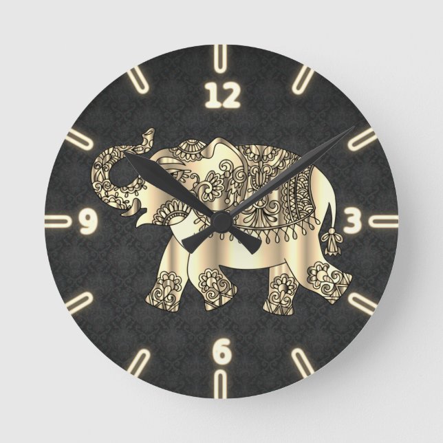 Horloge Ronde Eléphant Floral Paisley Chic Or, Damas Noir (Recto)