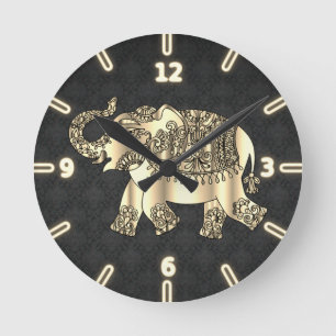 Horloge Ronde Éléphant Floral Paisley Or Chic, Damassé Noir