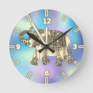 Horloge Ronde Eléphant Floral Paisley Or, Holographique Bleu