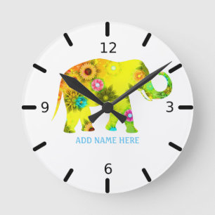 Horloge Ronde Éléphant Floral Personnalisé