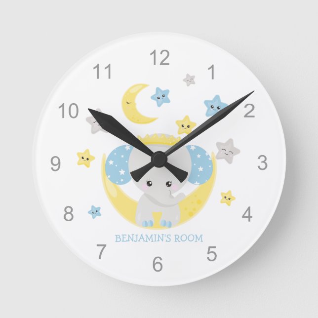 Horloge Ronde Eléphant mignon Stars Nom Baby Boy Nursery (Recto)