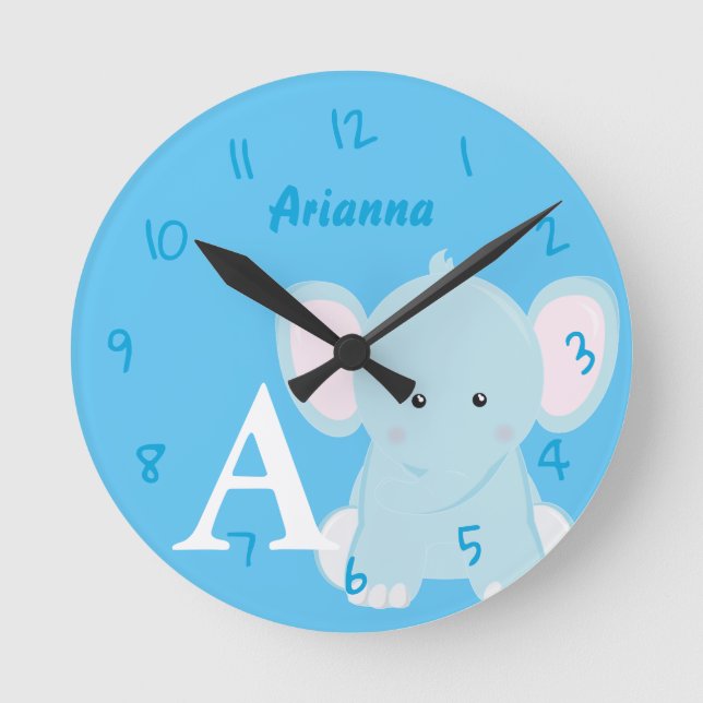 Horloge ronde éléphant pastel bleu personnalisée p (Recto)