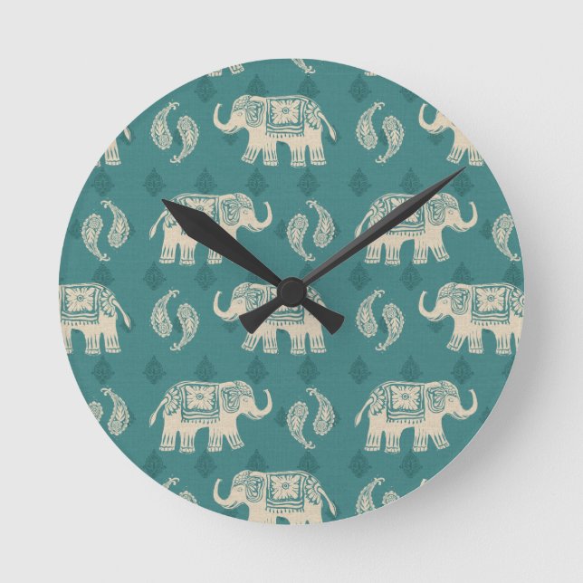 Horloge Ronde Elephant Teal Caravan Pattern (Recto)