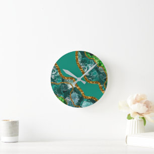 Horloge Ronde Emerald Green & Gold Agate Parties scintillant