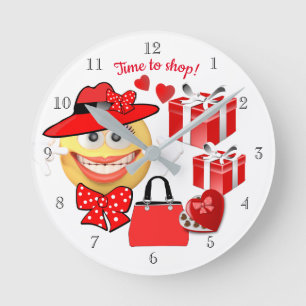 Horloge Ronde Emoji souriant avec Shopping, le temps de magasine