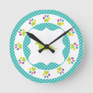 Horloge Ronde Empreinte de patte arc-en-ciel Blue Polka Dachshun