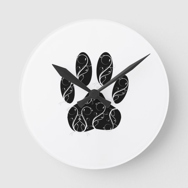 Horloge Ronde Empreinte de patte Chien Noir Avec Flouris Blanc (Recto)